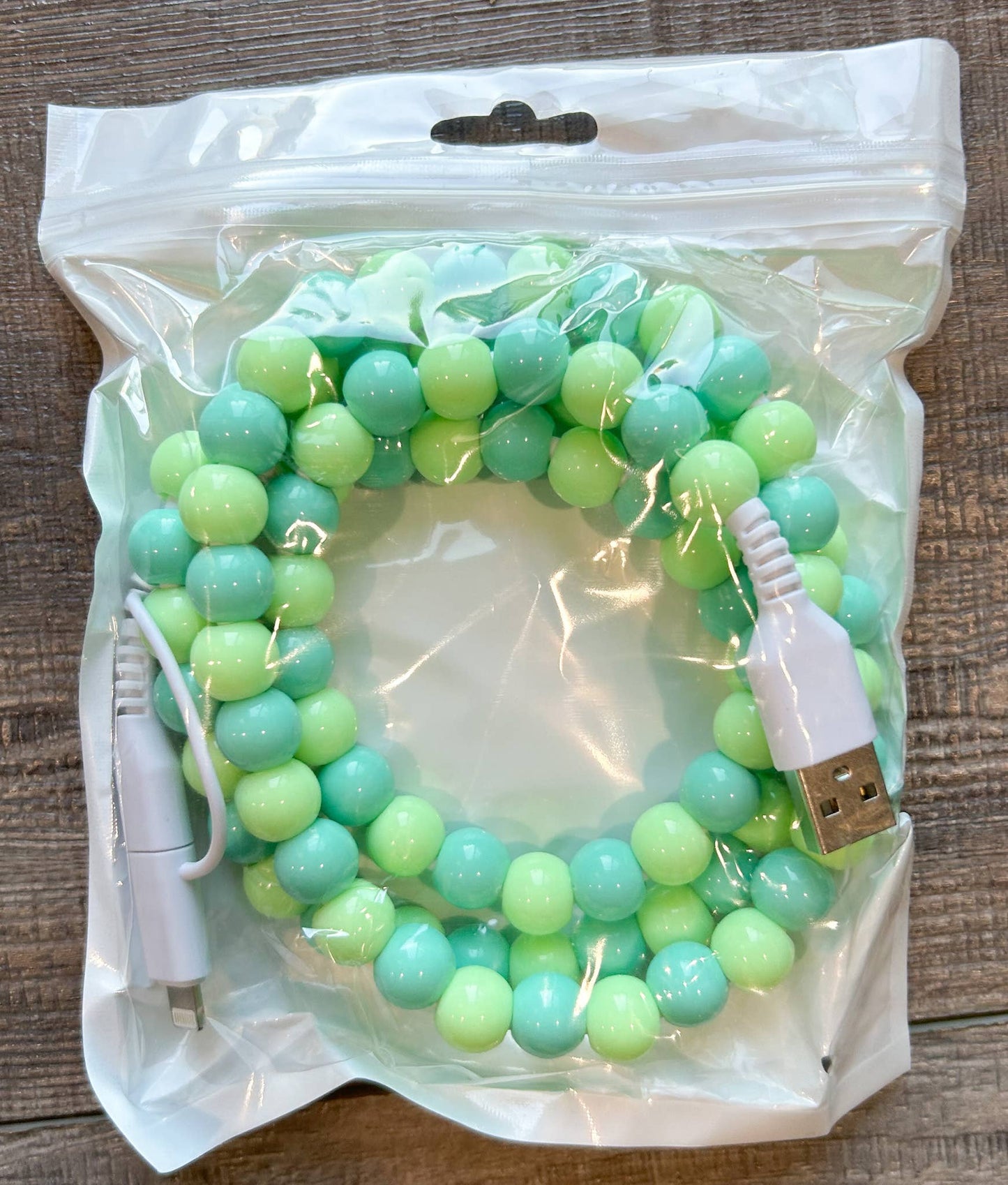 Green Beaded Phone Charger with Lightning & USB-C Cable