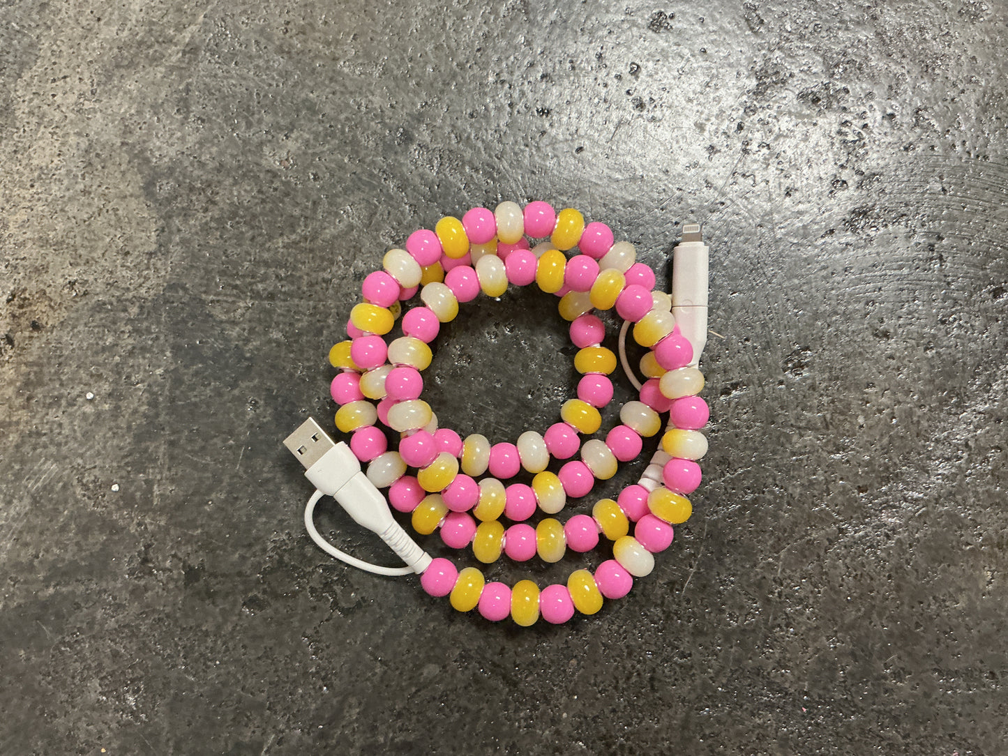 Pink and Yellow Beaded Phone Charger with Lightning & USB-C Cable