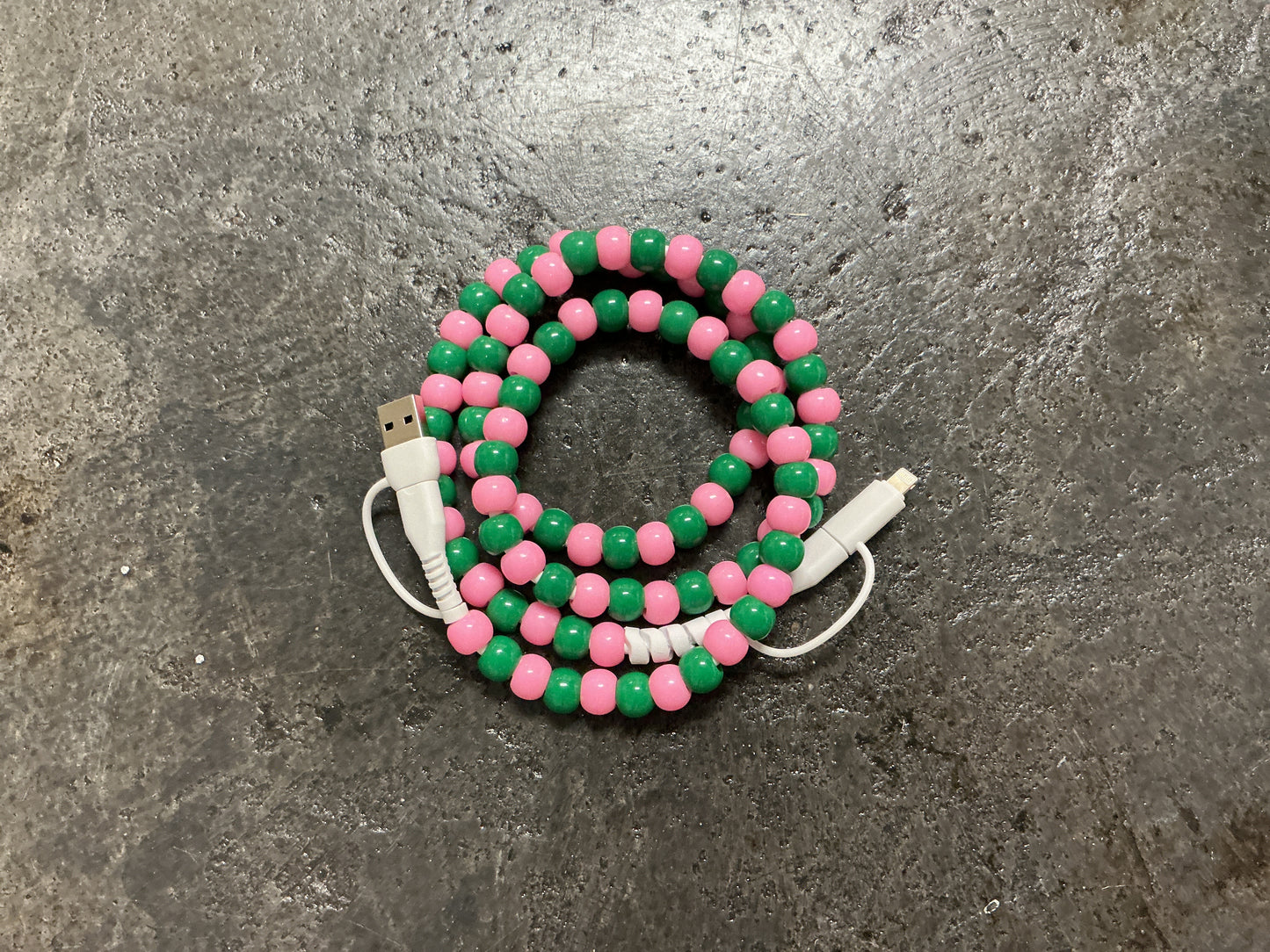 Pink and Green Beaded Phone Charger with Lightning & USB-C Cable