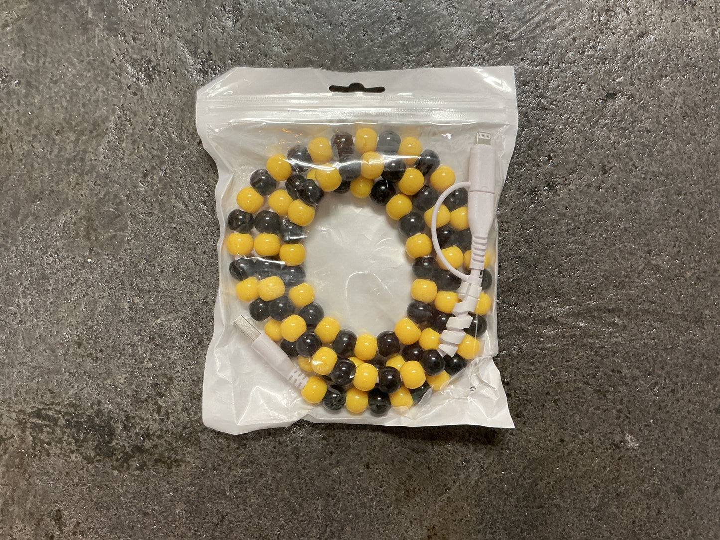 Black and Yellow Beaded Phone Charger with Lightning & USB-C Cable