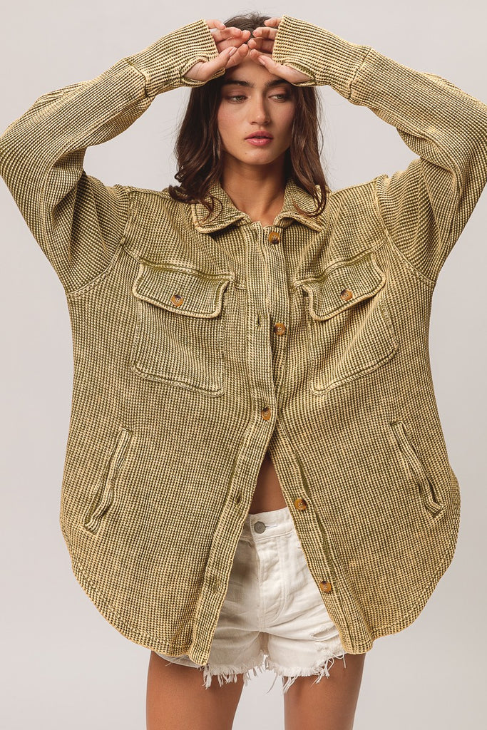 Olive Vintage Washed Thermal Waffle Shacket