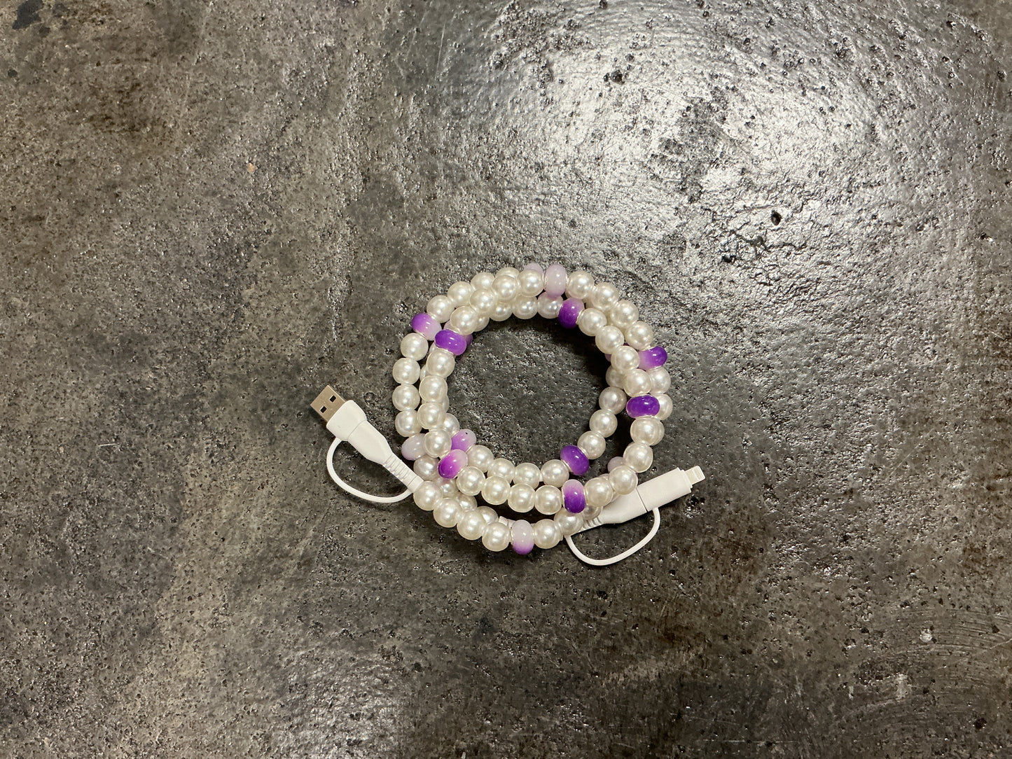 Pearl and Purple Beaded Phone Charger with Lightning & USB-C Cable