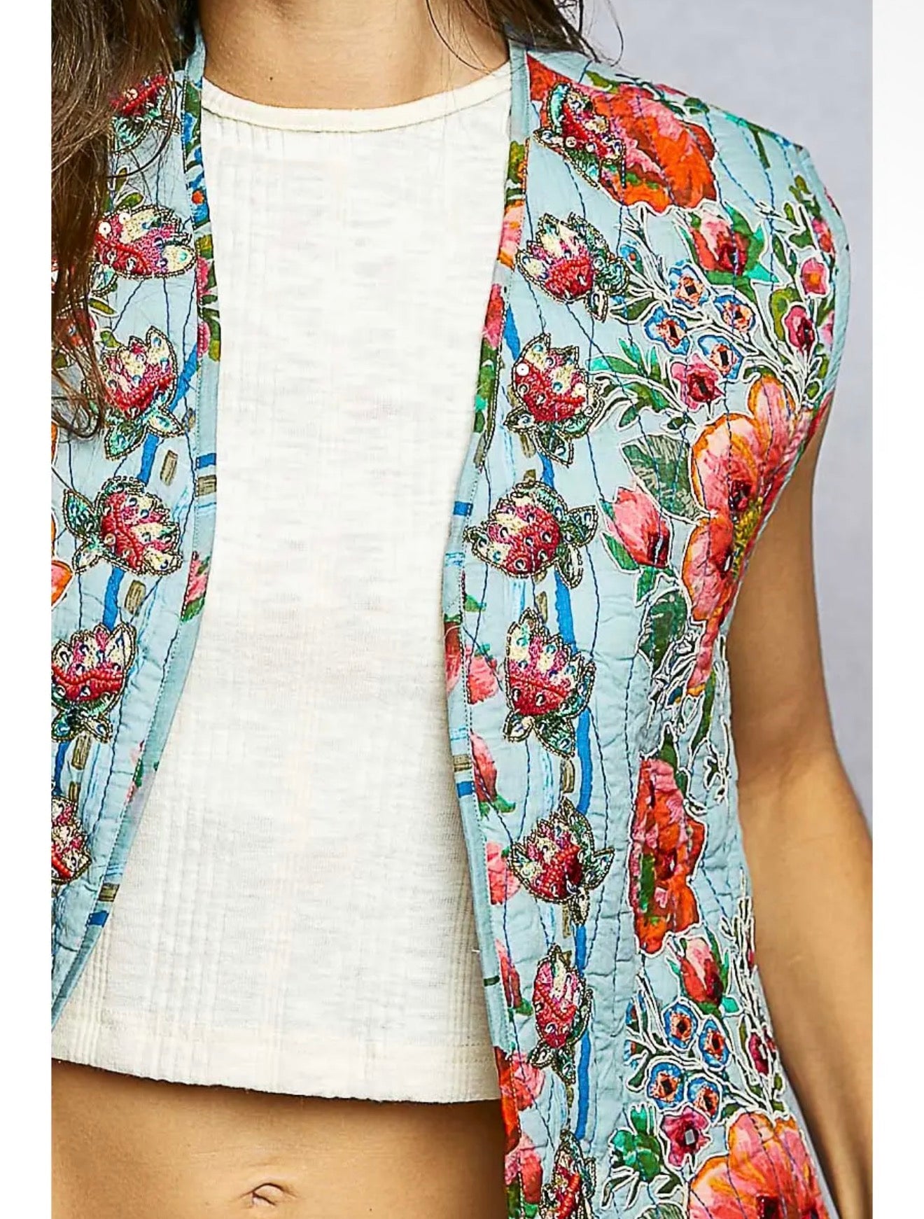 Floral Embroidery Bead Quilted Vest with Waist Belt