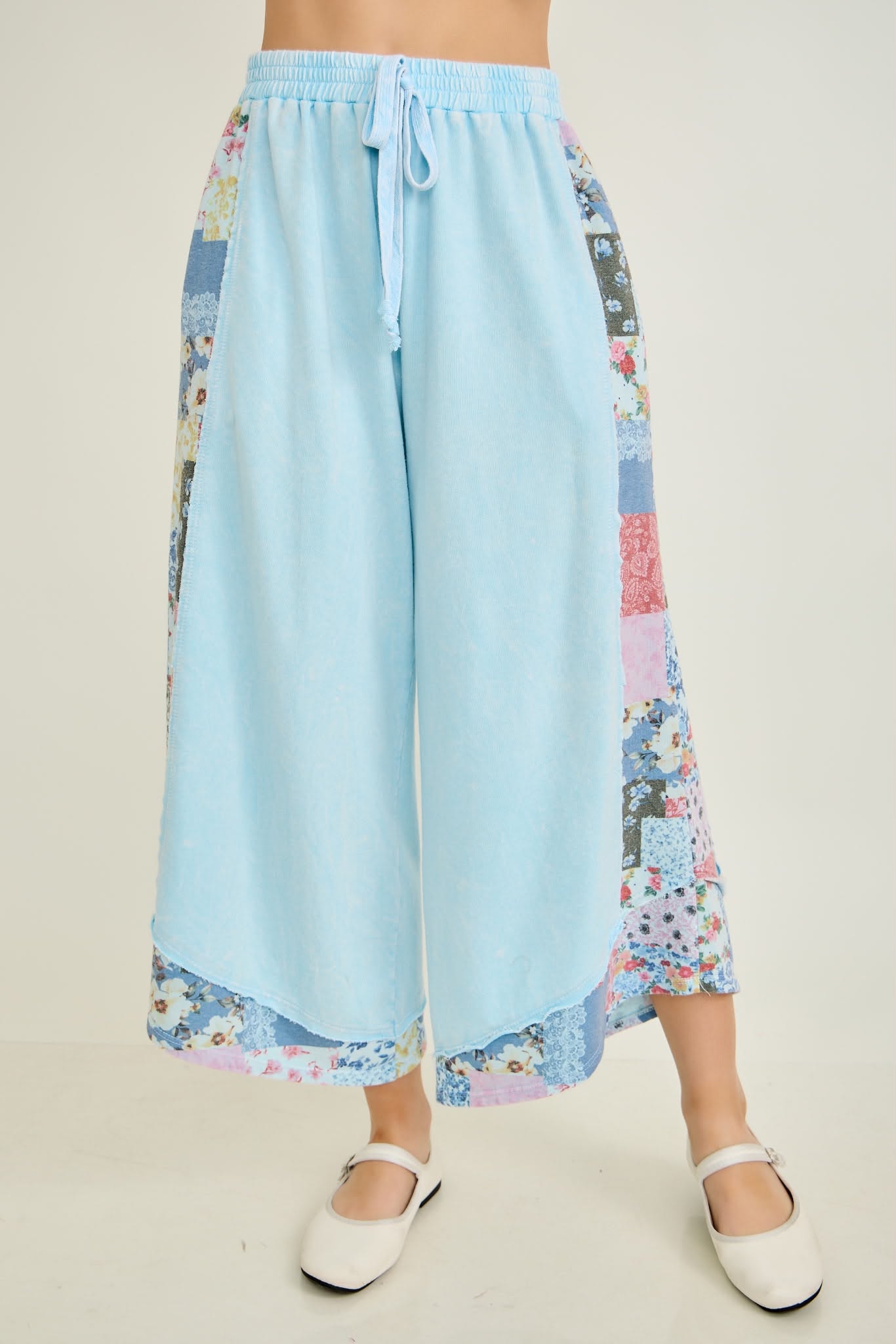 Baby Blue Cotton Cropped Patchwork Pant
