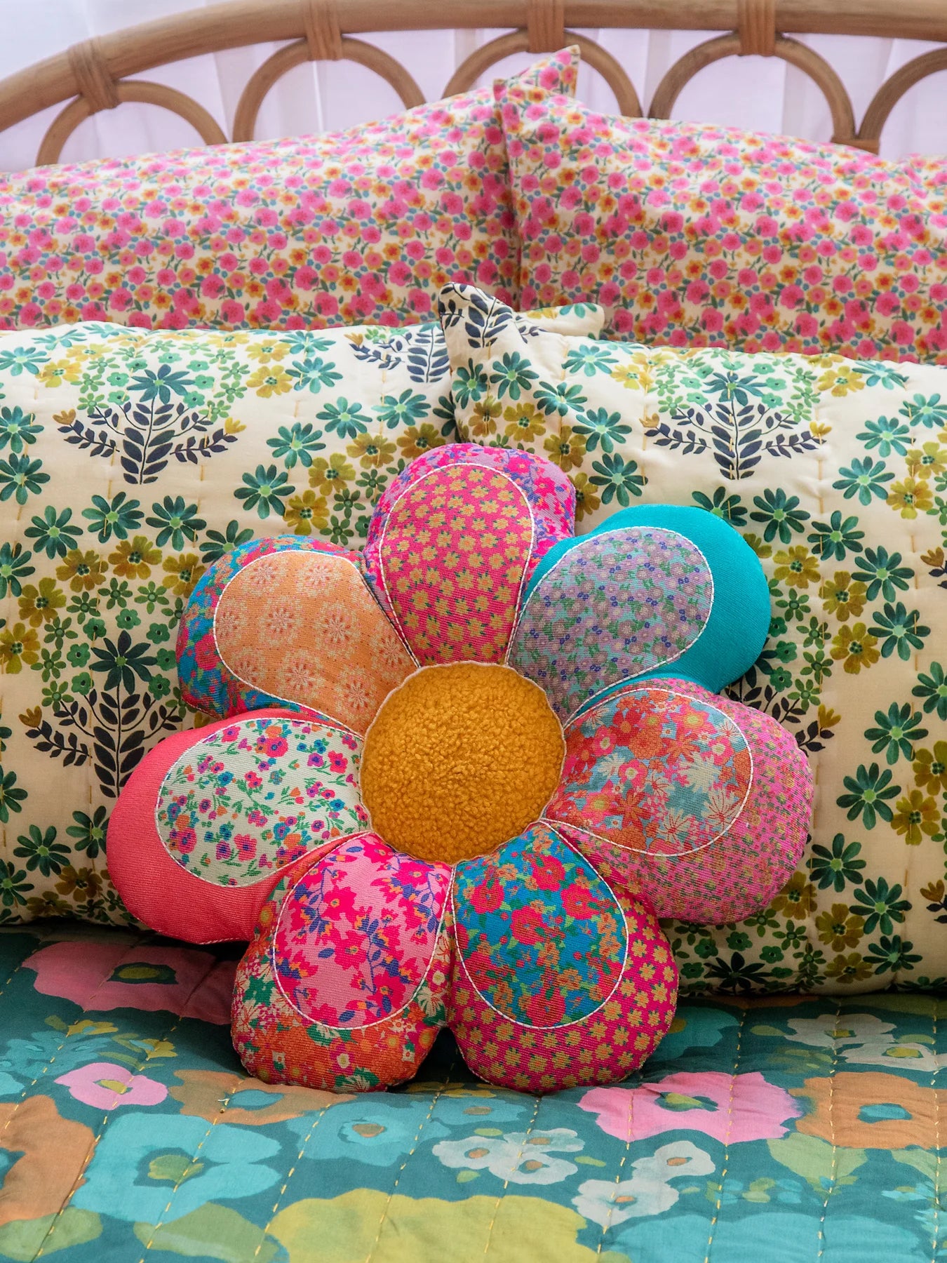 Natural Life Patchwork Daisy Flower Pillow