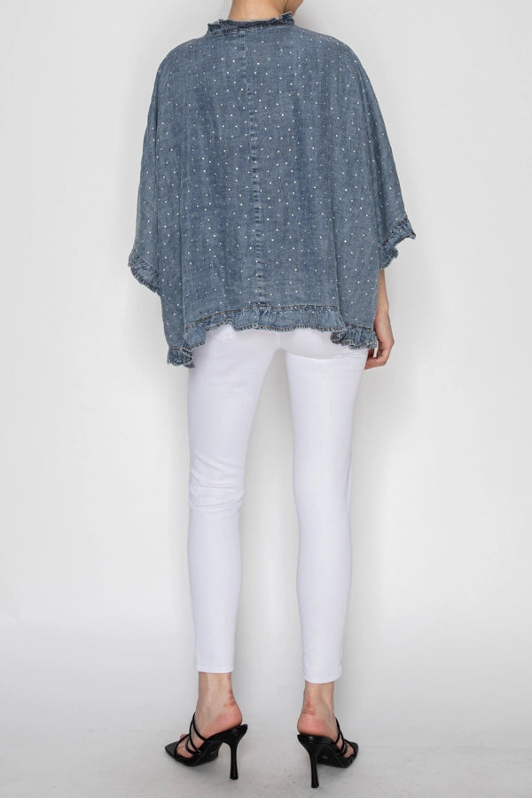 Ruffle-Trim Crystal Kimono Denim Jacket