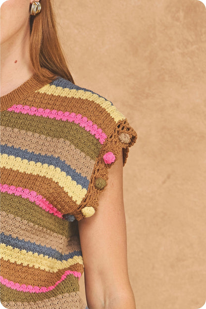 Striped Sleeveless Knit Sweater with Pompom Trim