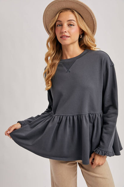 BABYDOLL PEPLUM HEM OVERISZED SWEATSHIRT