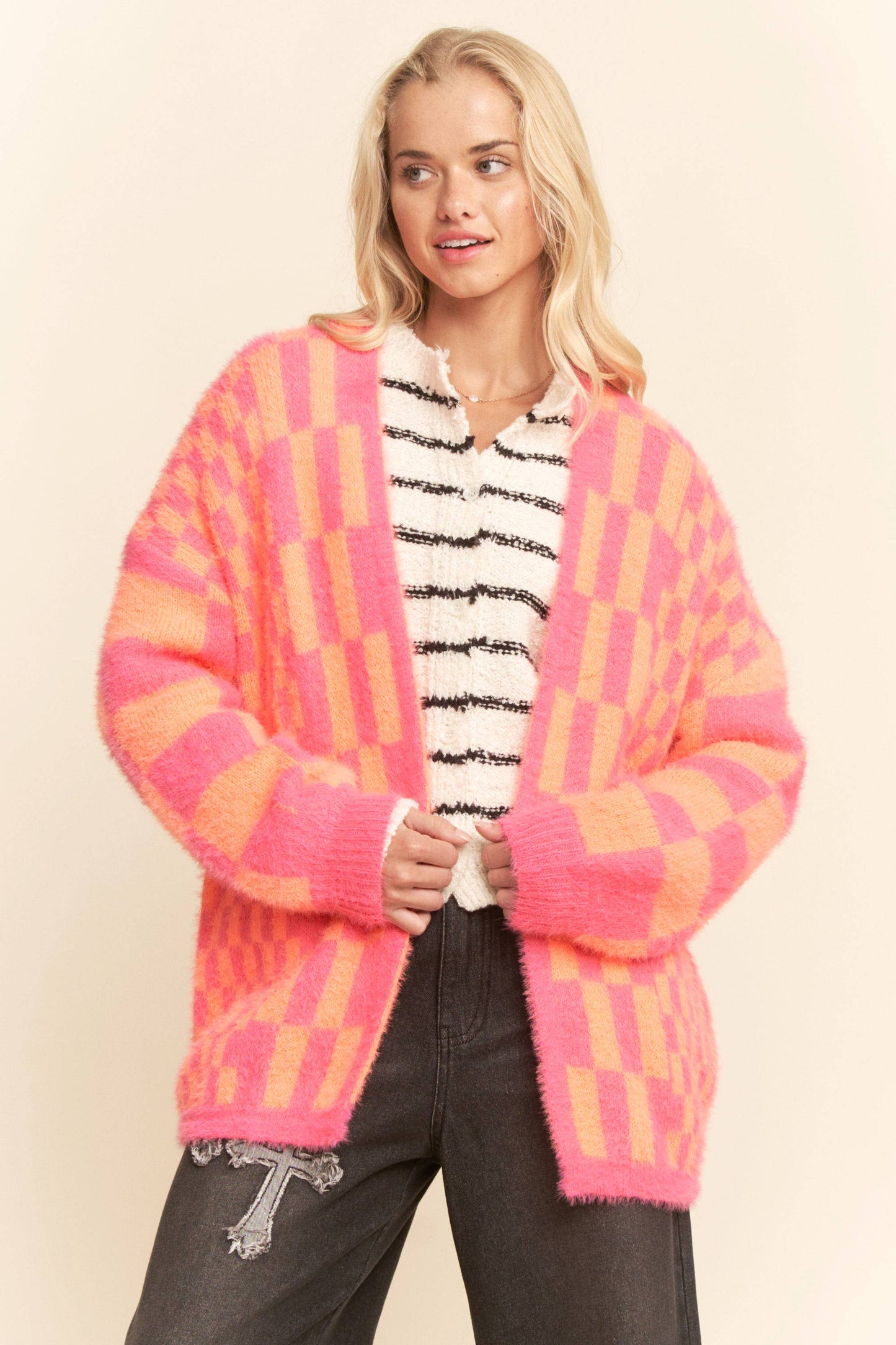 Neon Checkered Fuzzy Cardigan