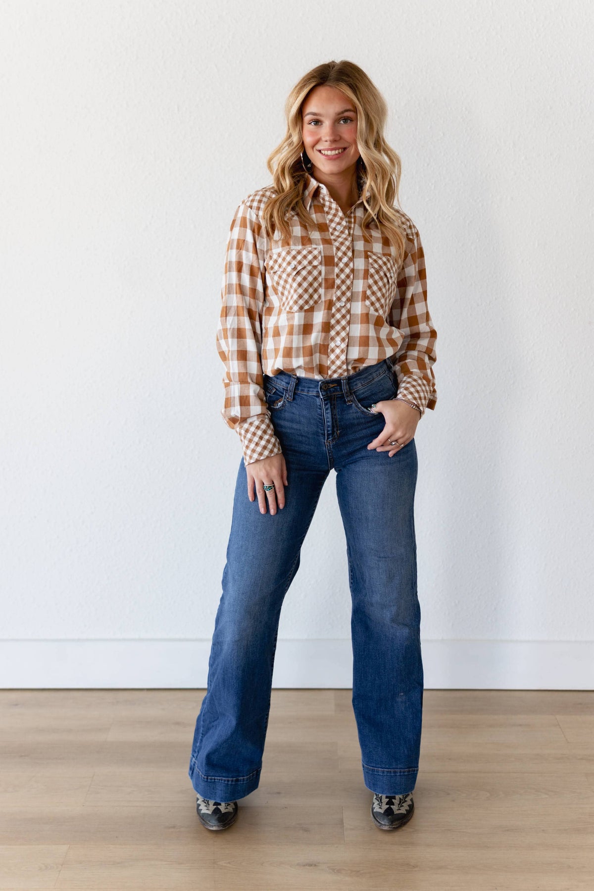 Tan Gingham Pearl Snap Top