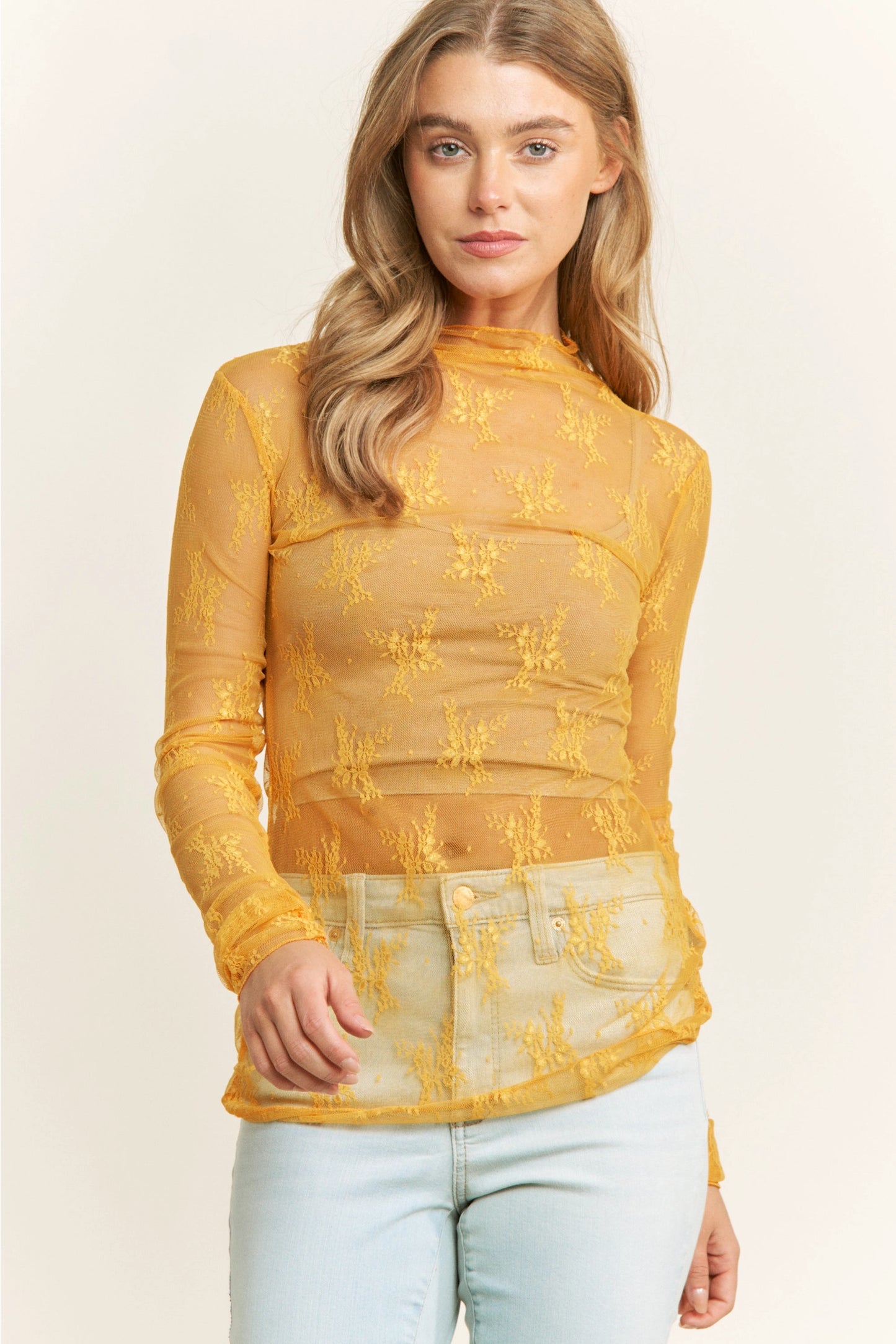 High Neck Long Sleeve Mesh Top