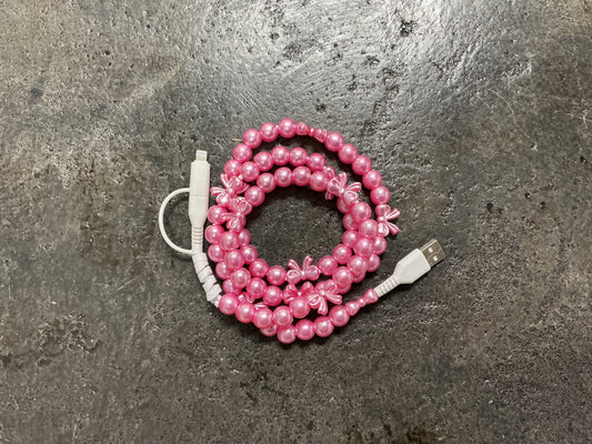 Pink Pearl with Bows Beaded Phone Charger with Lightning & USB-C Cable