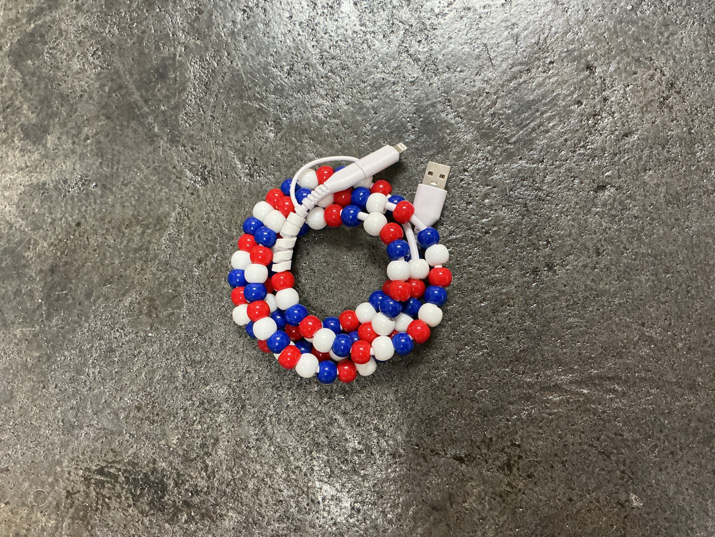 Red White and Blue Beaded Phone Charger with Lightning & USB-C Cable