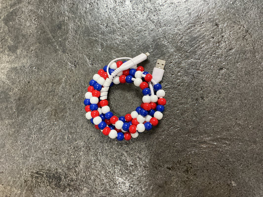 Red White and Blue Beaded Phone Charger with Lightning & USB-C Cable