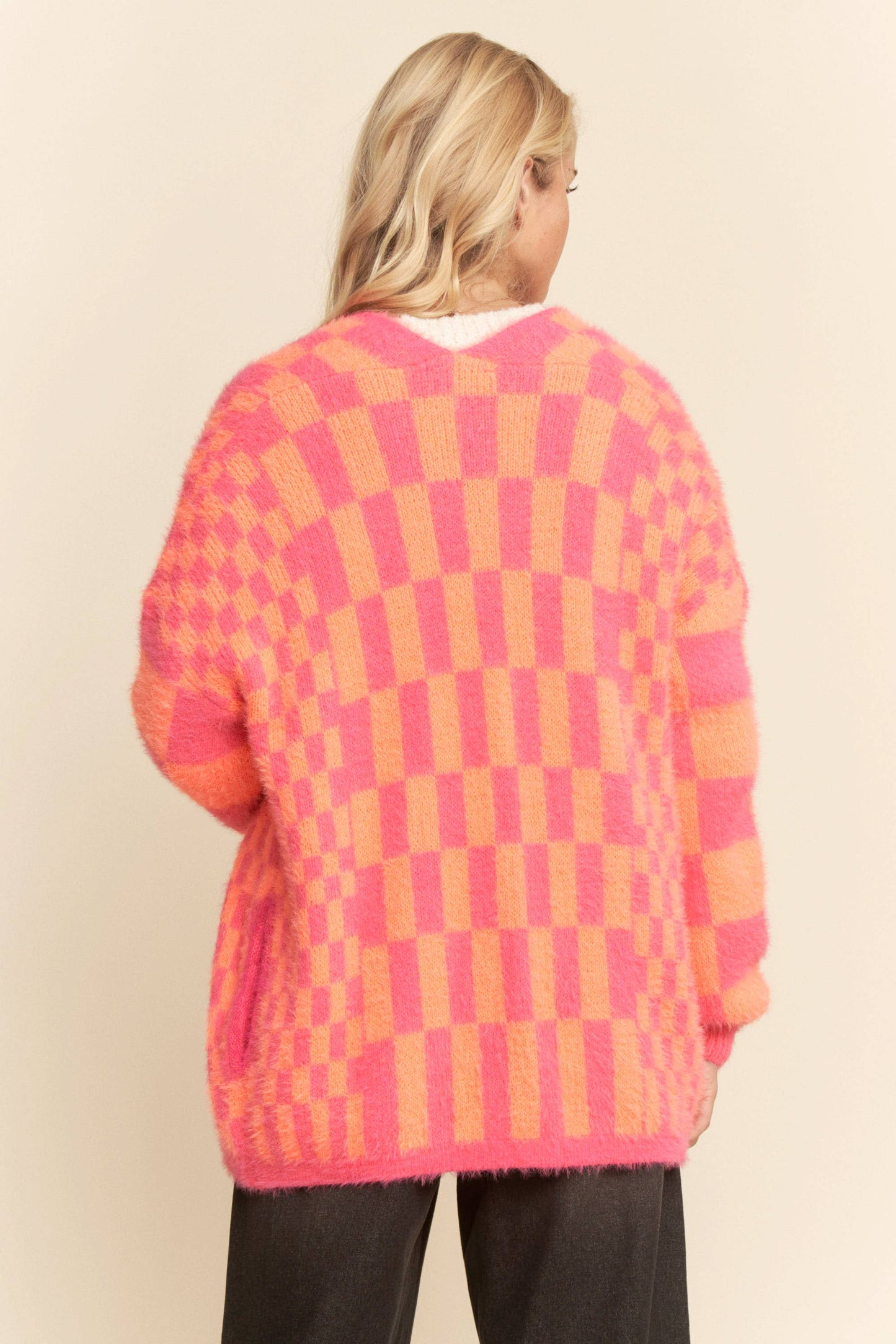 Neon Checkered Fuzzy Cardigan