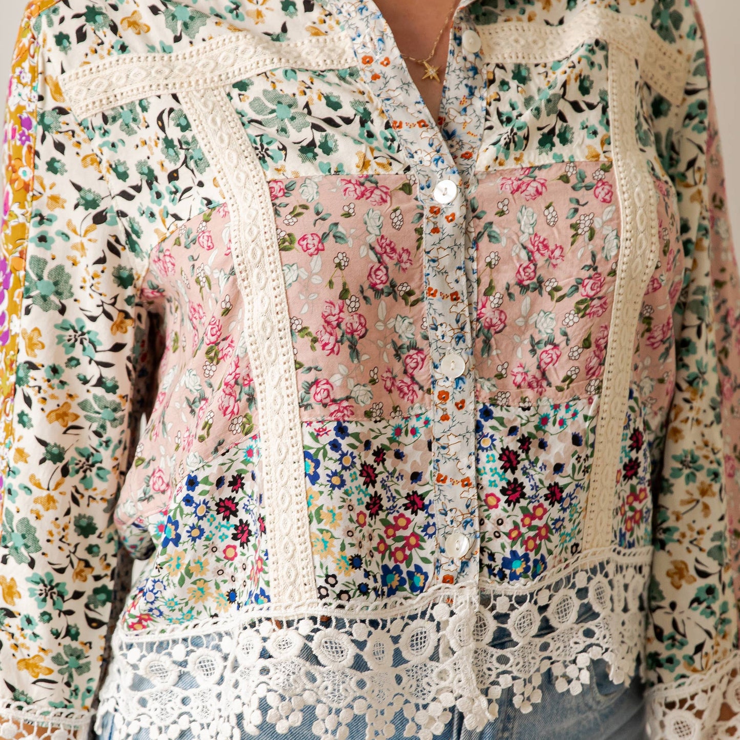 Whispering Wind Patchwork Floral Top