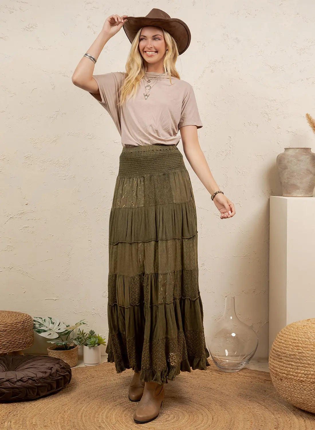 Olive Bohemian Maxi Skirt