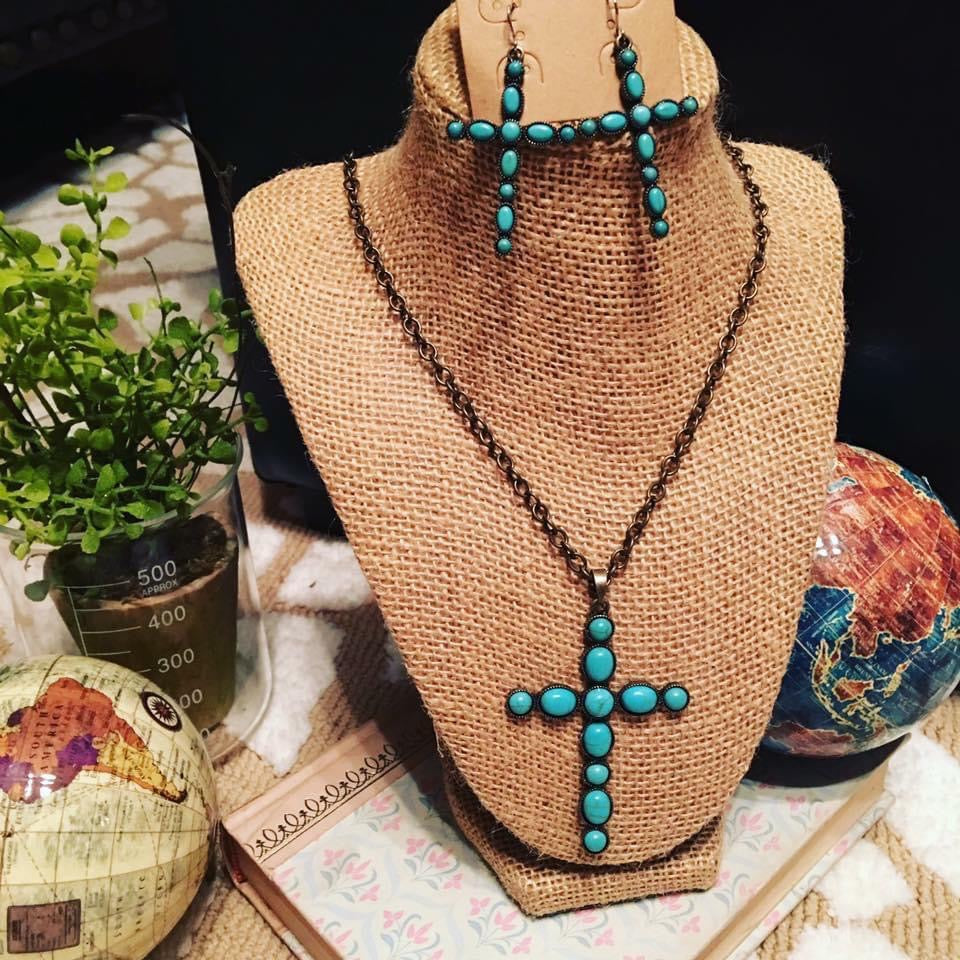 Turquoise Cross Necklace & Earrings