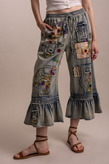 Embroidery Patchwork Ruffle Hem Cropped Pants
