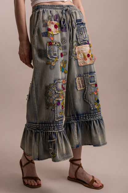 Embroidery Patchwork Ruffle Hem Cropped Pants