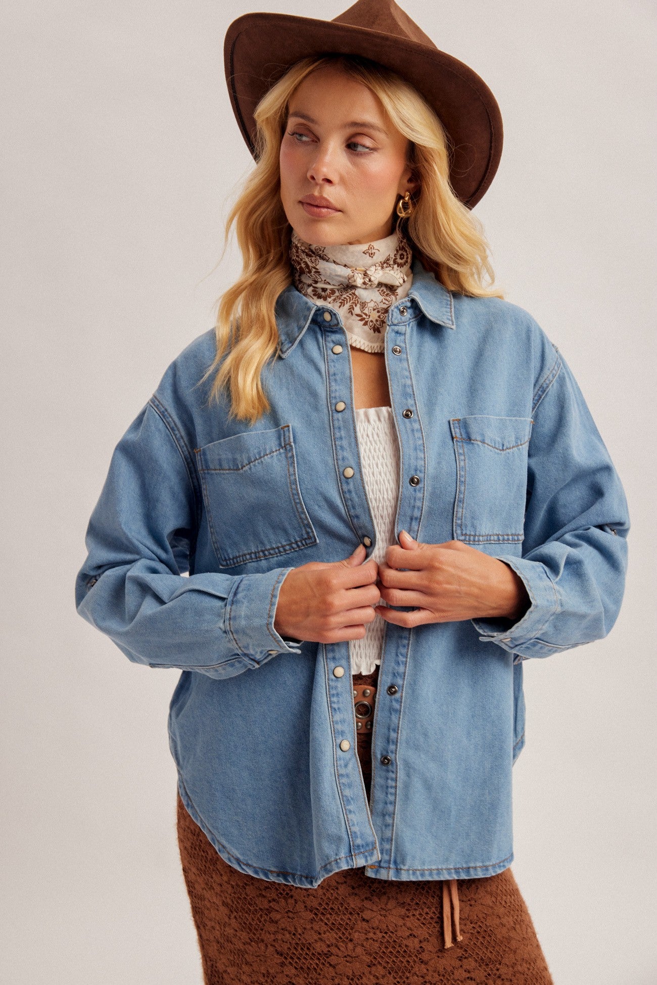 Pearl Snap Button Basic Denim Shirt