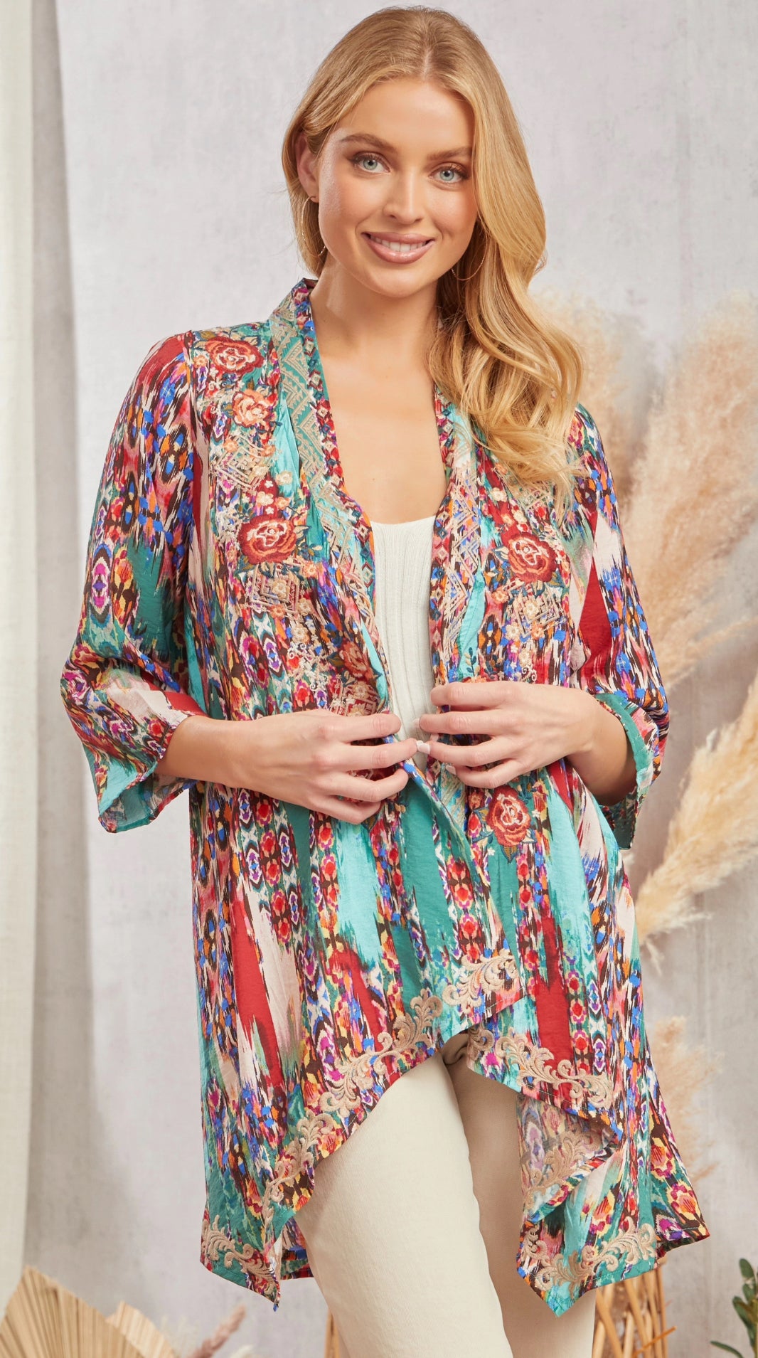Embroidered Kimono Cardigan (Plus)