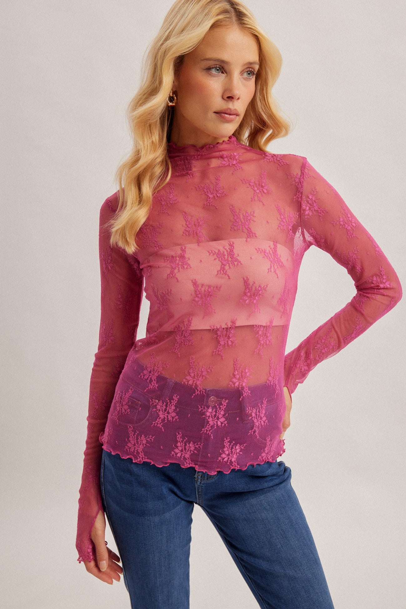 Mock Neck Lace Long Sleeve With Thumb Holes