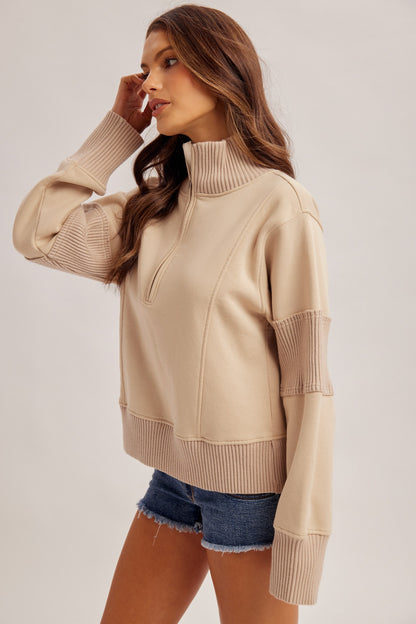 Half Zip-up Brushed Terry Pullover Top