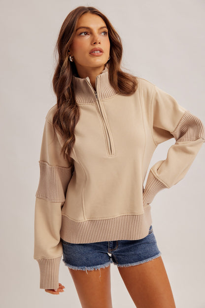 Half Zip-up Brushed Terry Pullover Top