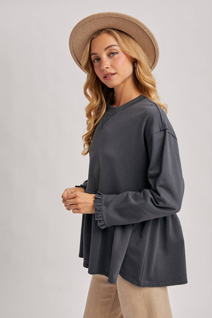 BABYDOLL PEPLUM HEM OVERISZED SWEATSHIRT