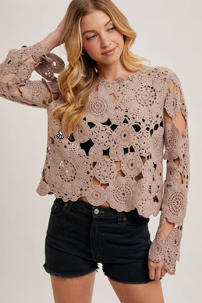BELL SLEEVED SHEER CROCHET TOP