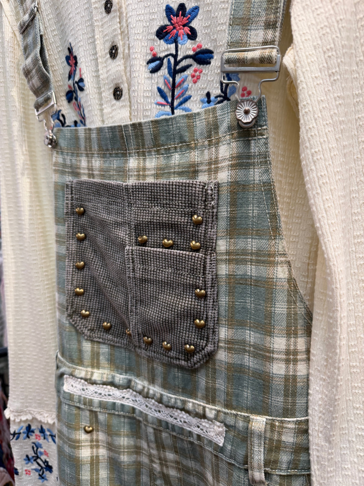 Heartland Studded Plaid Overalls