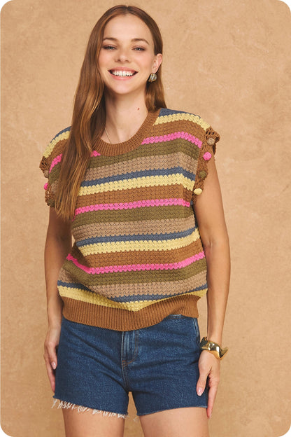 Striped Sleeveless Knit Sweater with Pompom Trim