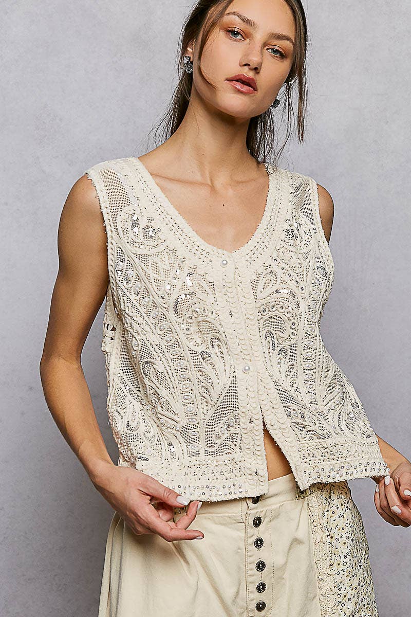 Pearl Stud Embroidery Sequin Vest