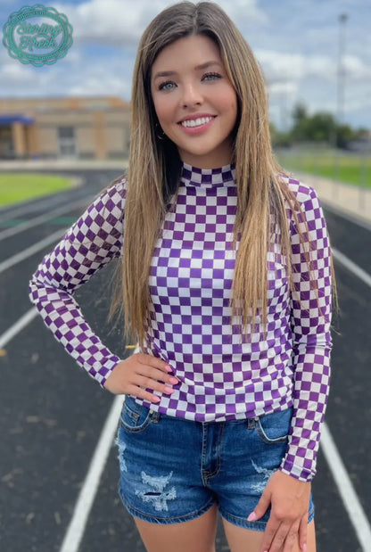 Purple Checkered Mesh Top