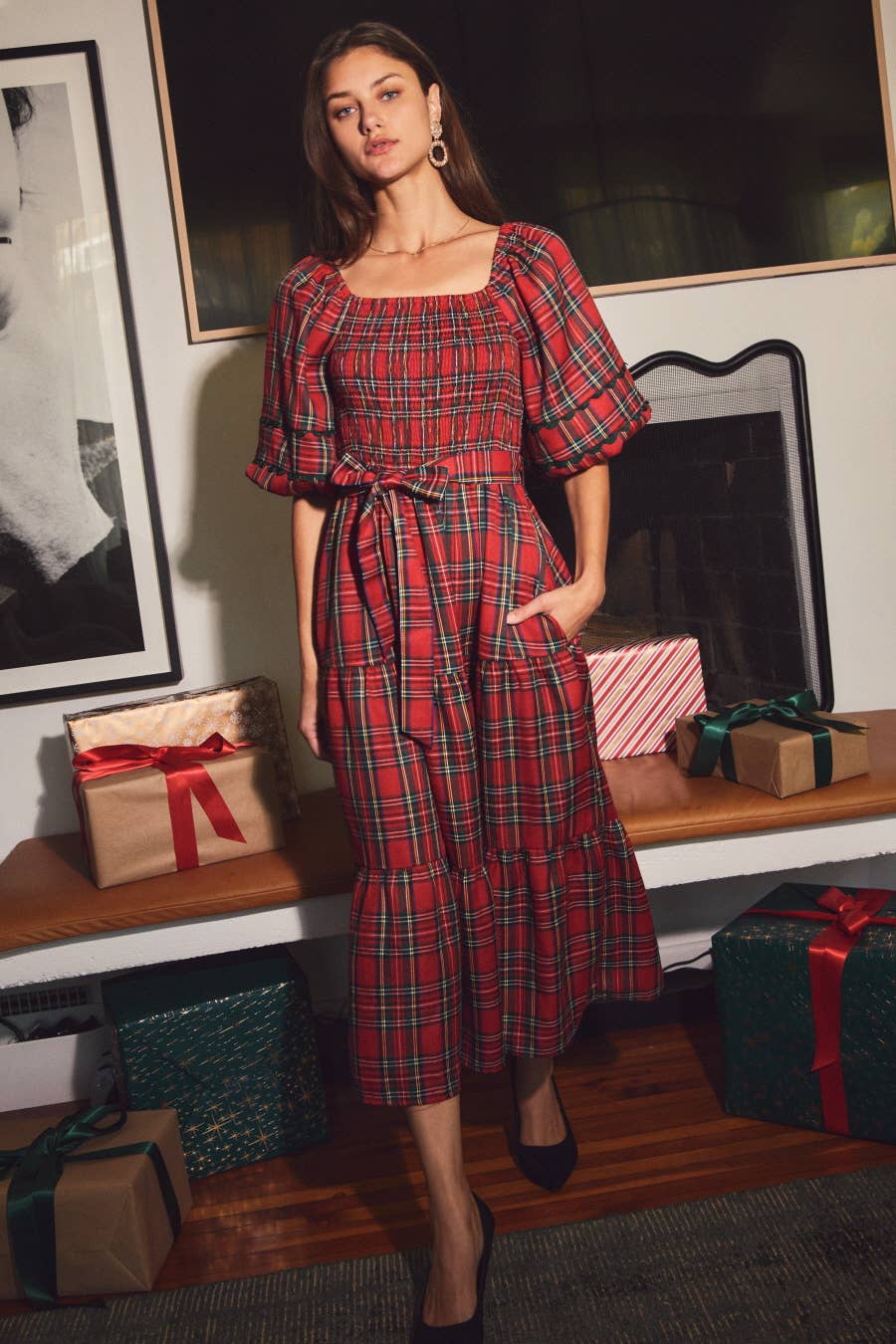 Smocked Plaid Midi Dress