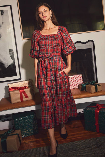 Smocked Plaid Midi Dress