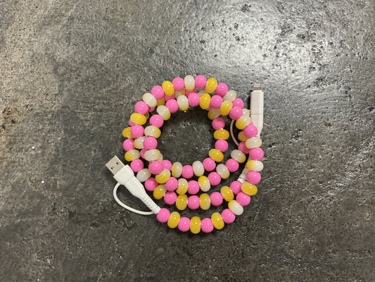 Pink and Yellow Beaded Phone Charger with Lightning & USB-C Cable