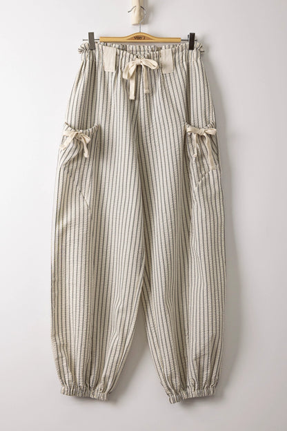 Bow Detail Stripe Textured Woven Pants