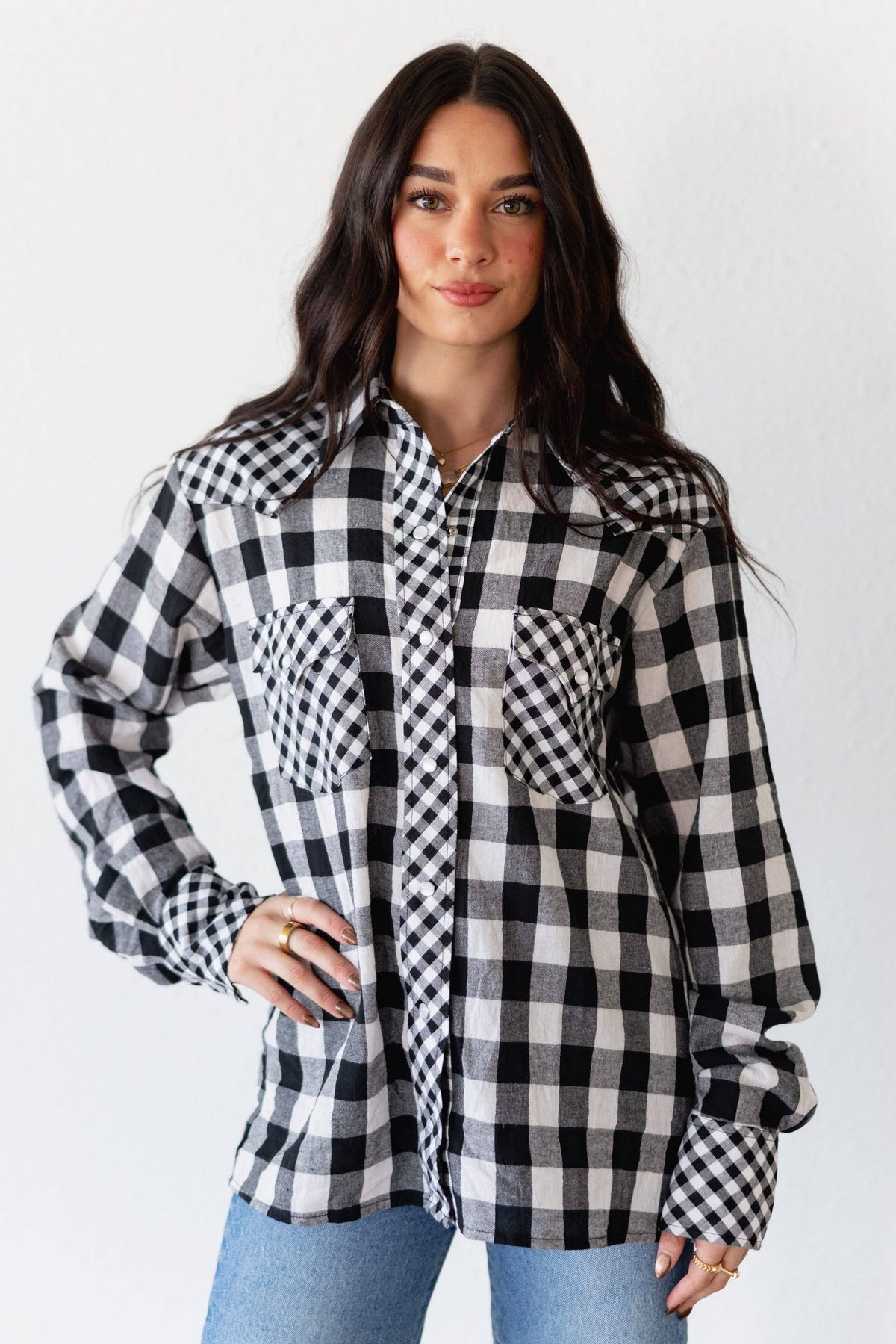 Black Gingham Pearl Snap Top
