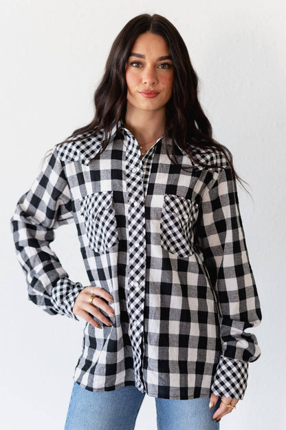 Black Gingham Pearl Snap Top