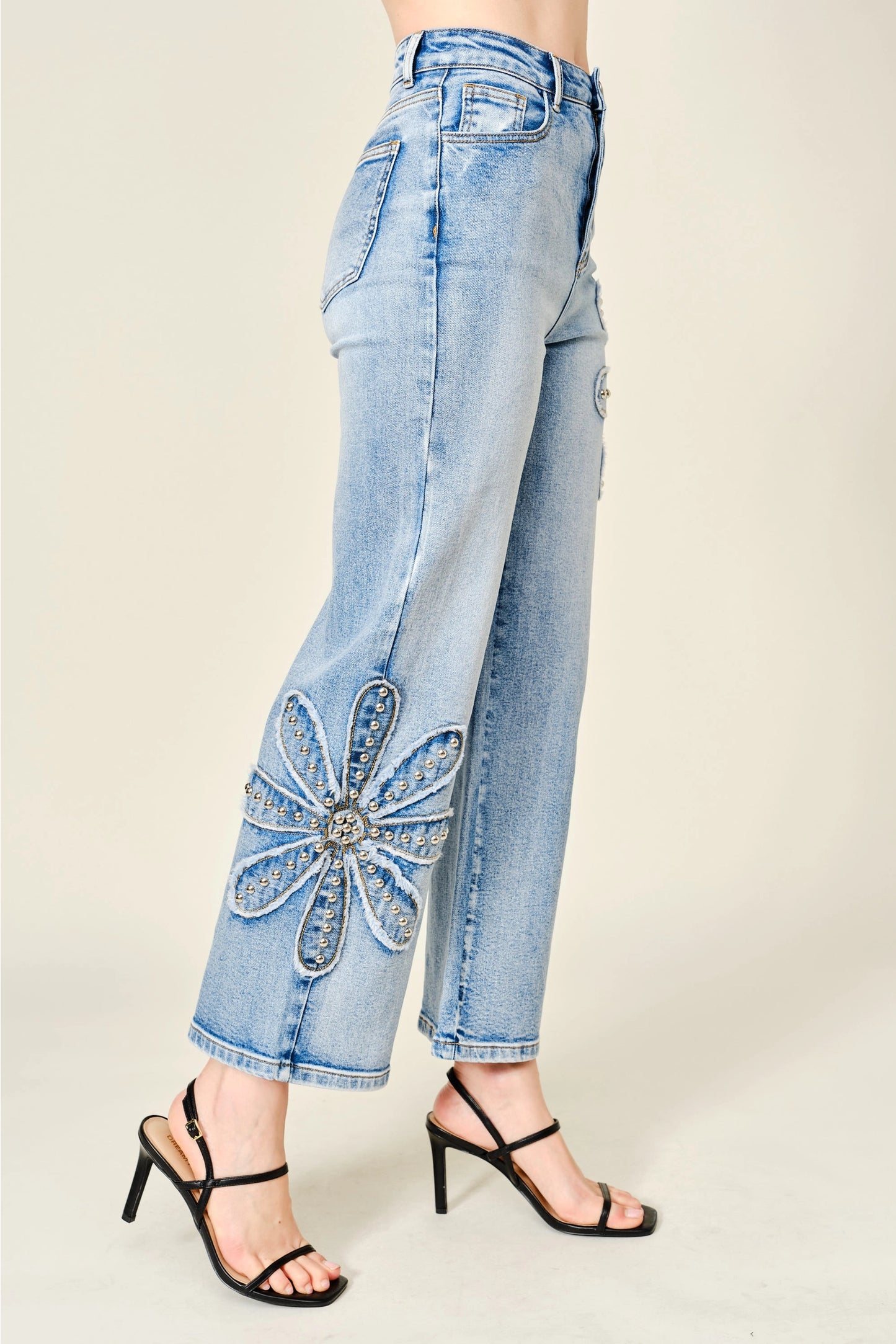 Studded Flower Patch Wide Leg Jeans