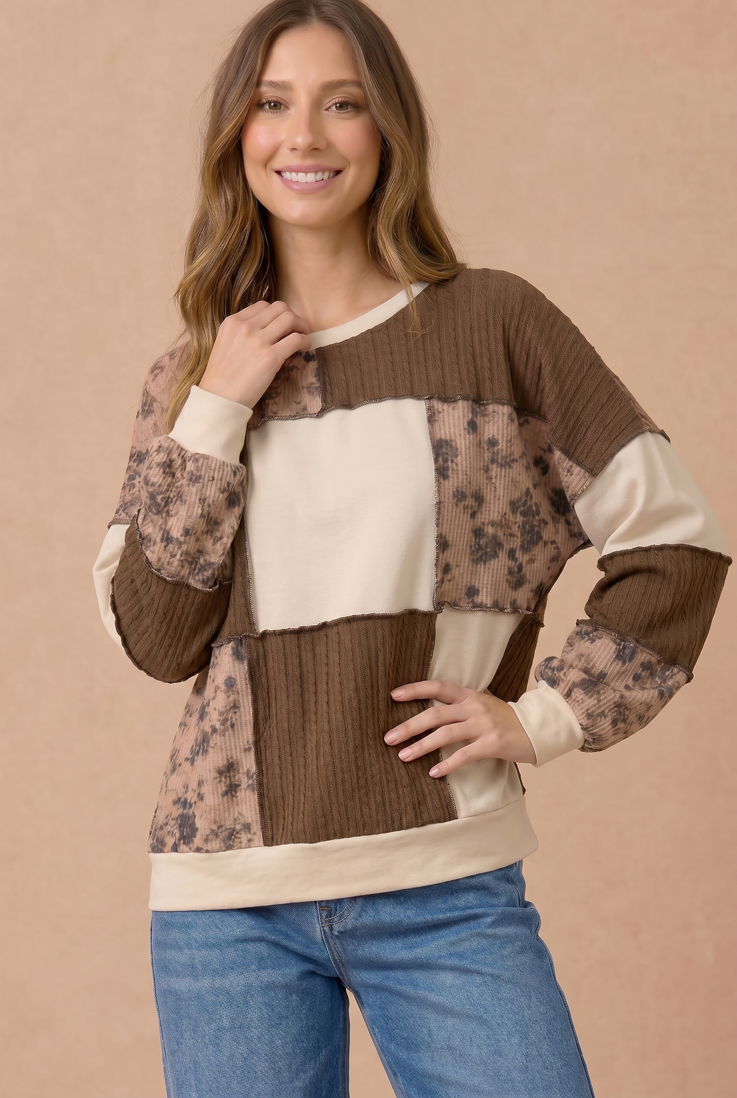 Floral and Cable Knit Patchwork Top