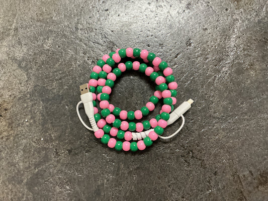Pink and Green Beaded Phone Charger with Lightning & USB-C Cable