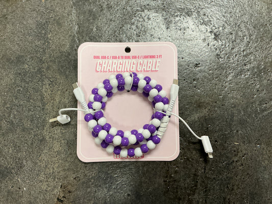 Purple and White Beaded Phone Charger with Lightning & USB-C Cable