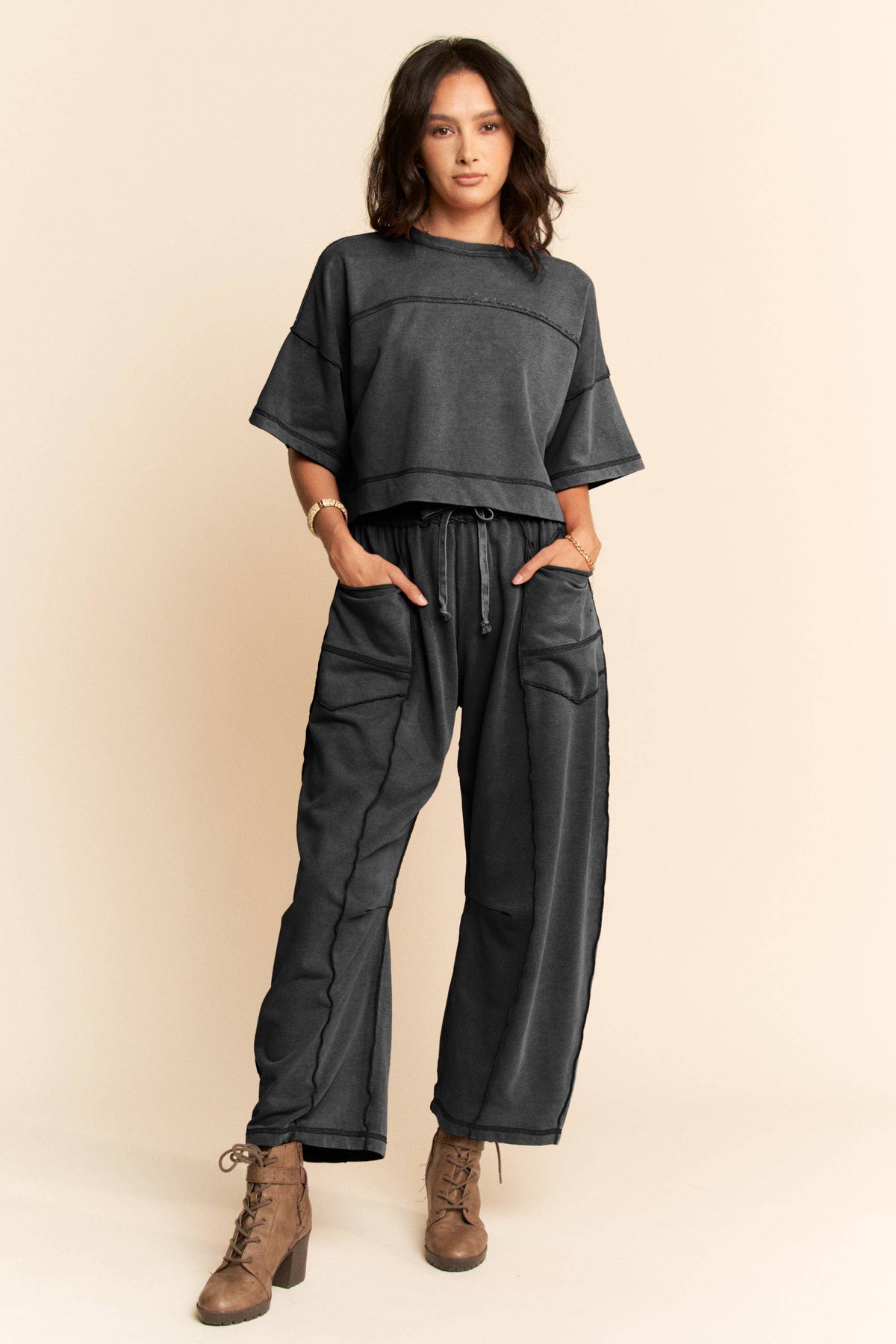 Mineral-Wash Boxy Top & Barrel Pants Set