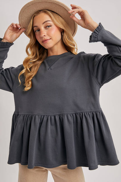 BABYDOLL PEPLUM HEM OVERISZED SWEATSHIRT