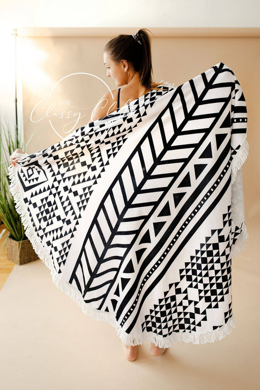 Beach Towel Black & White Aztec