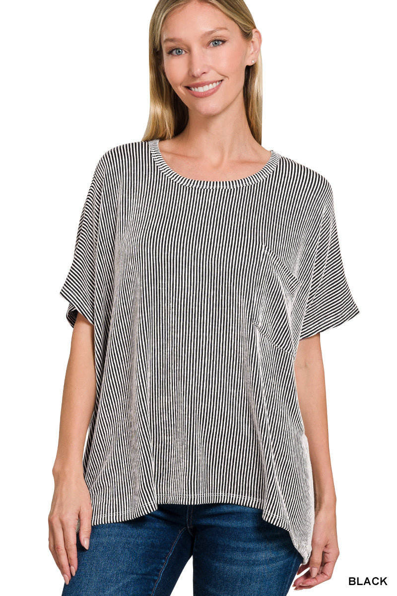 Oversized Ribbed Stripe Pocket Tee