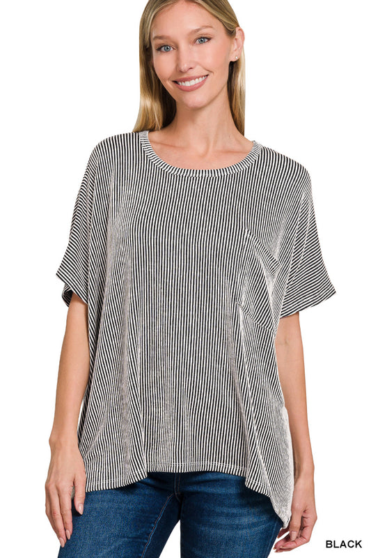 Oversized Ribbed Stripe Pocket Tee